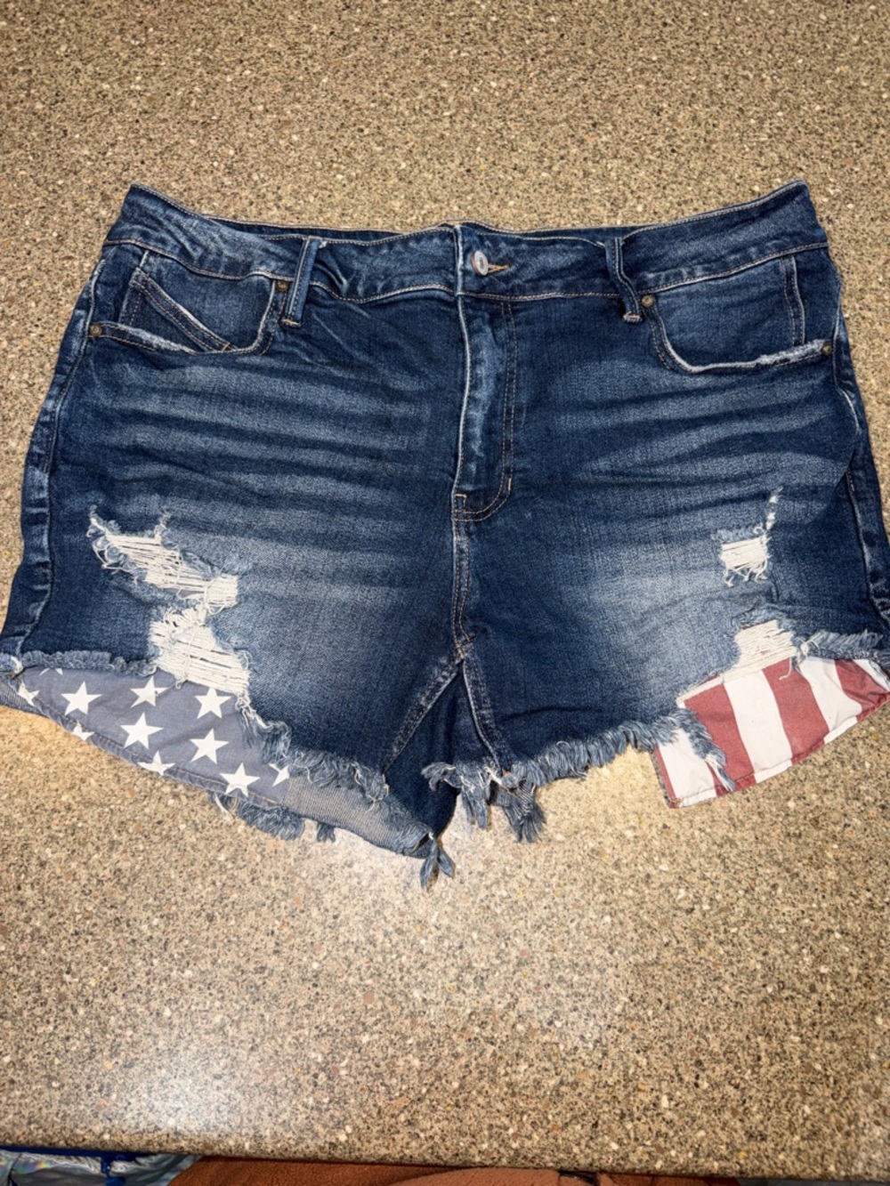 KanCan Dark Blue Distressed Denim Shorts with American Flag Pockets
